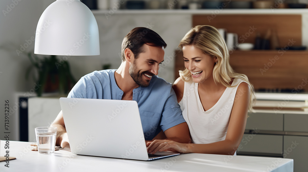 Happy young married couple looking at laptop together at cozy home office Happy young married couple looking at laptop together at cozy home office