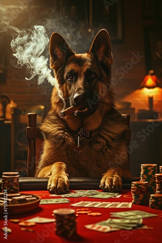 A German shepard dog, sitting at a poker table, smoking a cigar, with stacks of dollars on the table, realistic. photo