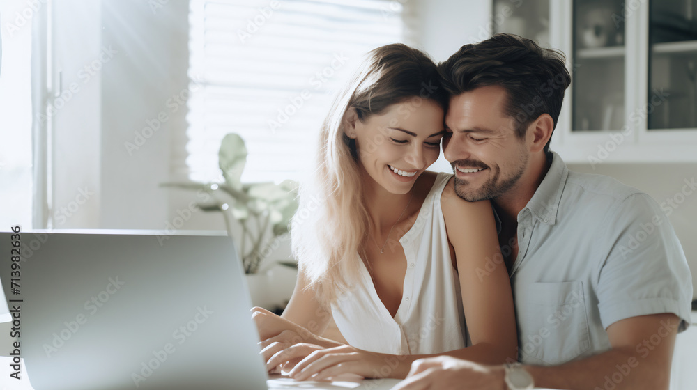 Happy young married couple looking at laptop together at cozy home office Happy young married couple looking at laptop together at cozy home office