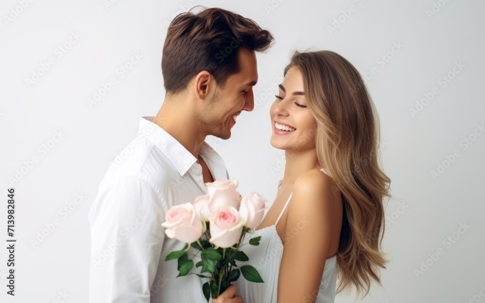 beautiful young couple in love girl model with a young man with a bouquet of flowers, international women's day, warm relationship care and attention, selective beautiful young couple in love girl model with a young man with a bouquet of flowers, international women's day, warm relationship care and attention, selective