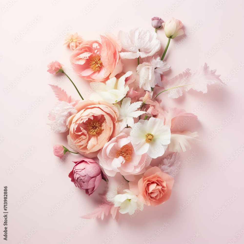 greeting cards for valentines, birthdays, bridal shower with 3d flowers on baby pink background