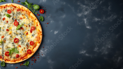 Tasty pepperoni pizza with mushrooms and olives, Traditional italian pizza on dark table, background. Top view of hot pepperoni pizza. Banner, Pizza, Generative Ai