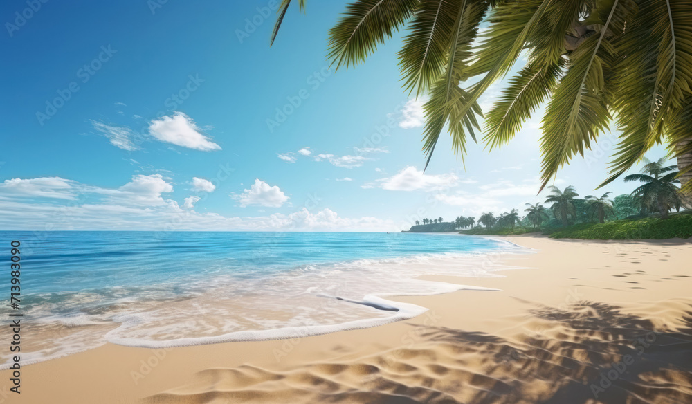 clean white sand on the beach against the backdrop of ocean waves and palm trees, tropical background for vacation clean white sand on the beach against the backdrop of ocean waves and palm trees, tropical background for vacation