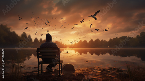 sunset on the lake with a man sit alone and watching the birds