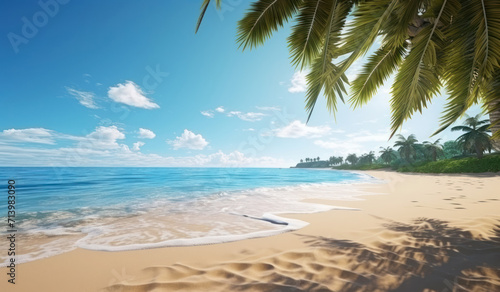 clean white sand on the beach against the backdrop of ocean waves and palm trees, tropical background for vacation