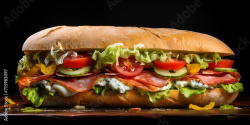 Perfect subway style sandwich with sesame seeds bread tomato lettuce cucumber and salami