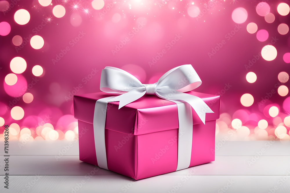 pink gift box with white bow on pink background with bokeh pink gift box with white bow on pink background with bokeh