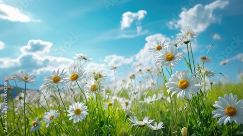 Vibrant White Daisies Blooming in a Blue Sky Field