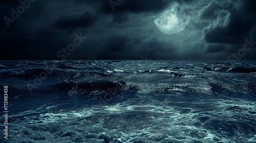 Waves on the ocean, moon in the sky, Ocean waves under the moonlight.