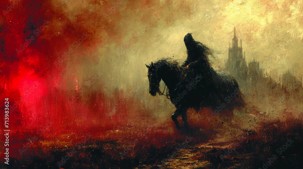 A Dark Rider Astride a Stallion With a Castle Background Dreary Medieval Grunge Fantasy Art Painting - obrazy, fototapety, plakaty 