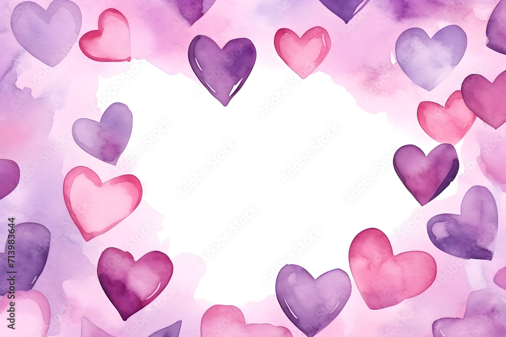 Watercolor frame made of purple and pink hearts on white background. Love and romantic concept. Women's, Valentines and Mother's Day. Template for design greeting card, print, poster with copy space 