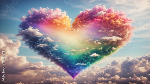 A colourful, rainbow-colored heart floating in a cloud-filled, beautiful sky