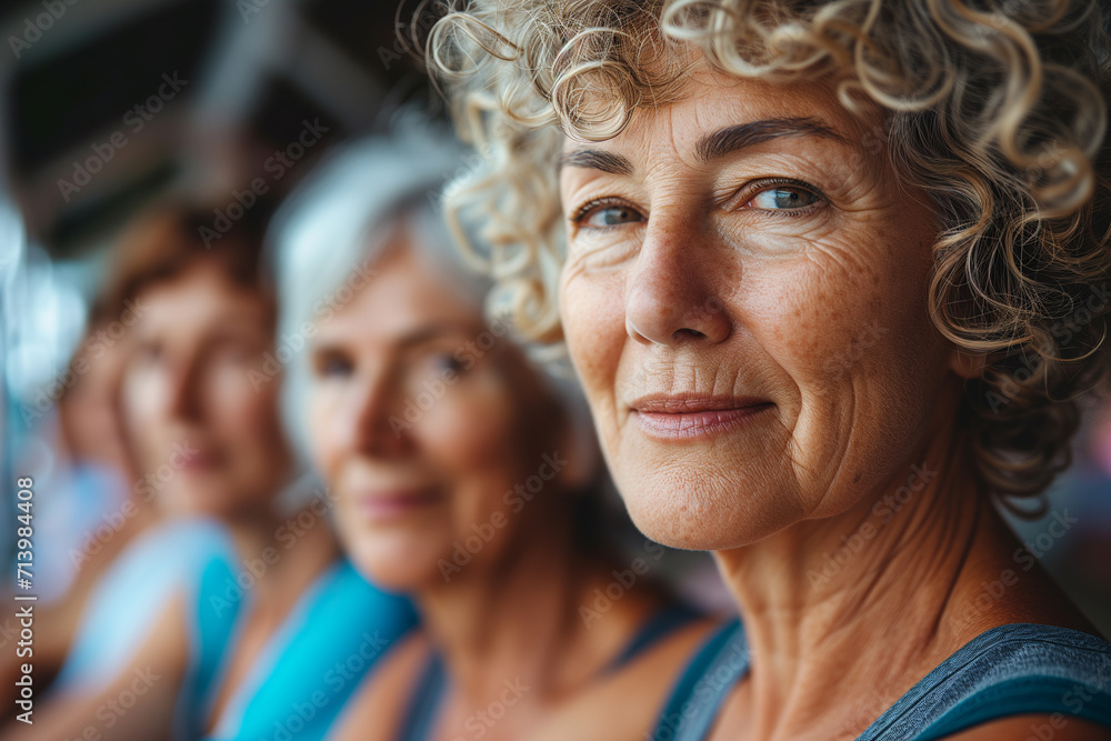 Portrait of a middle aged woman running in the wilderness with sun through the nature and leaves. Yoga Instructor And Class. Group of women practicing pilates in a health club. Portrait of a middle aged woman running in the wilderness with sun through the nature and leaves. Yoga Instructor And Class. Group of women practicing pilates in a health club.