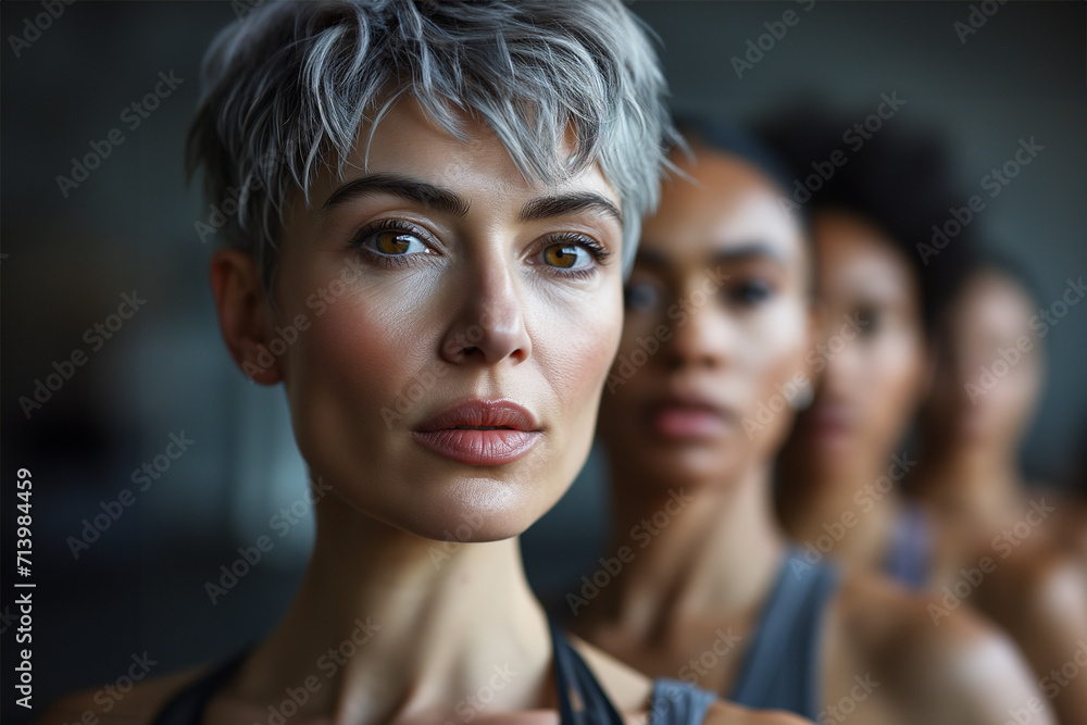 Portrait of a middle aged woman running in the wilderness with sun through the nature and leaves. Yoga Instructor And Class. Group of women practicing pilates in a health club. Portrait of a middle aged woman running in the wilderness with sun through the nature and leaves. Yoga Instructor And Class. Group of women practicing pilates in a health club.