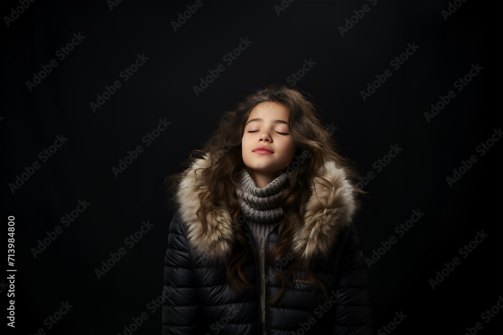 A little girl dreams with her eyes closed on a black background. A little girl dreams with her eyes closed on a black background.