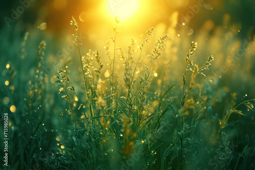 Sunlit Serenity: A Colorful Meadow of Fresh Spring Flowers and Lush Green Grass in the Warm Morning Sunlight