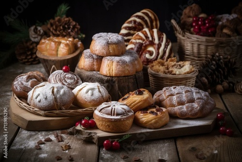 Assortment of festive baked goods for Christmas. Generative AI