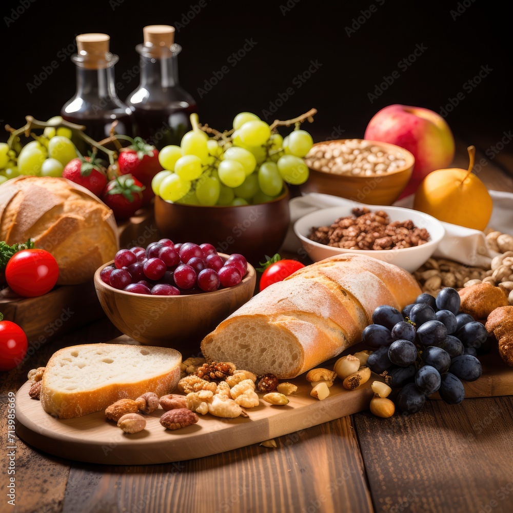 Table Topped With Bread, Grapes, Nuts, and Other Foods Table Topped With Bread, Grapes, Nuts, and Other Foods