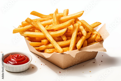 Fries with ketchup on white background generated.AI