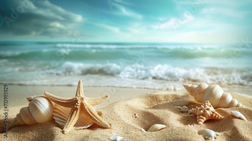 Two Seashells on Sandy Beach Near Ocean