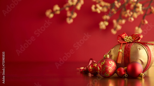 Chinese New Year seasonal social media background design with blank space for text. Cute gold gift box with red ribbon and ornaments on blurred plum blossom flower background.