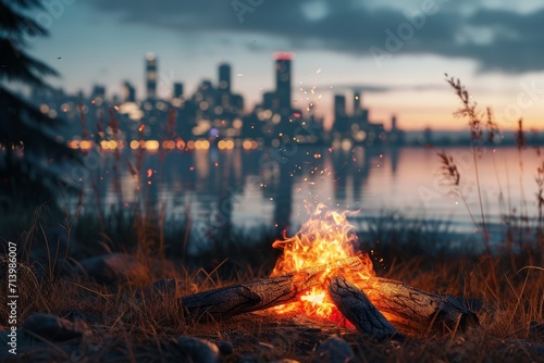 campfire is encased by rocks and cityscape