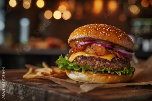 Gourmet cheeseburger on a wooden board against blurred restaurant interior background