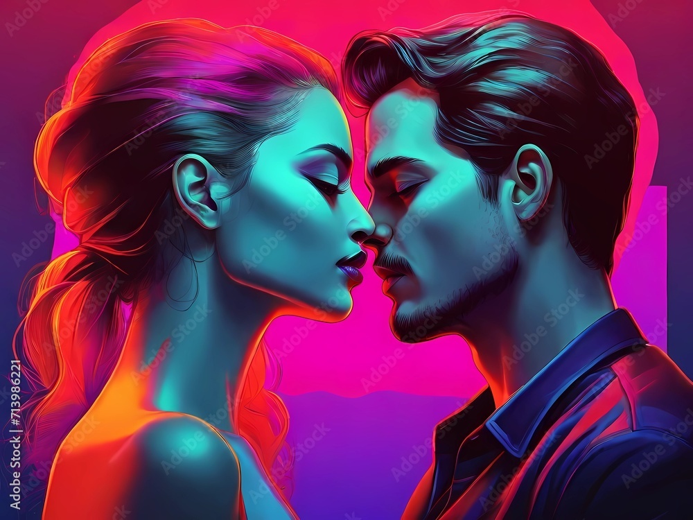 passionate romantic couple standing face to face to each other in a night club against neon light. Night club pickup dating dancing neon atmosphere, Saint Valentines, hookup, tinder matching concept passionate romantic couple standing face to face to each other in a night club against neon light. Night club pickup dating dancing neon atmosphere, Saint Valentines, hookup, tinder matching concept