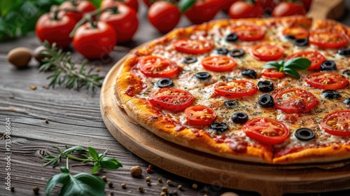 Pizza With Tomatoes and Olives on Wooden Board
