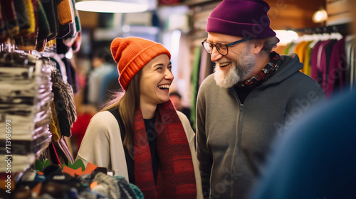 Cheerful Father and Daughter Sharing a Laugh in a Colorful Winter Market, Family Bonding and Seasonal Shopping Concept