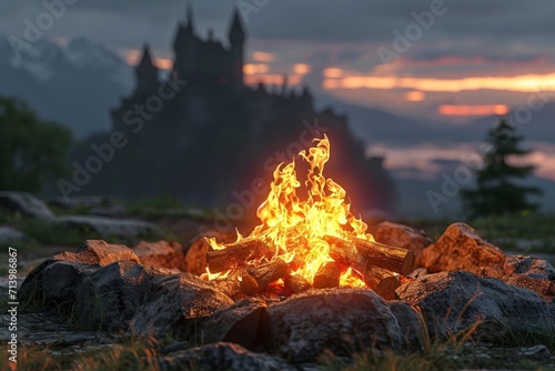 campfire is encased by rocks and castle