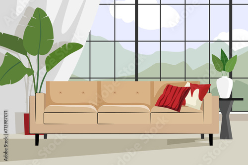 Living room interior with beige sofa, plants and landscape outside the window. Vector flat illustration.