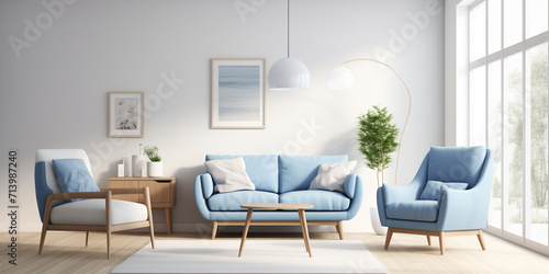 A living room mockup with a blue sofa wooden table and white decor, Dark blue sofa and recliner chair interior design of modern living room