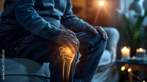 Senior man with knee pain at home with highlighted knee, health concept photo