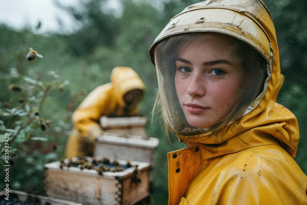 Nature's Beauty: Young Female Model Holding a Beehive in the Green Field, Sadness in Her Blue Eyes amidst the Autumn Leaves. Nature's Beauty: Young Female Model Holding a Beehive in the Green Field, Sadness in Her Blue Eyes amidst the Autumn Leaves.