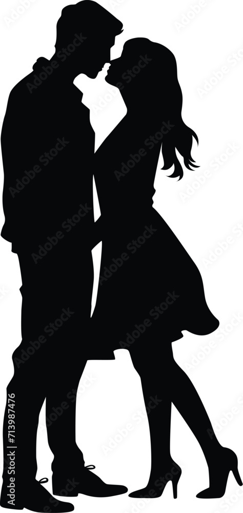 Silhouette of a young couple standing and kissing vector illustration for valentine lover partner concept