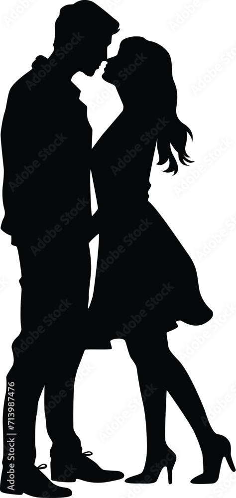 Silhouette of a young couple standing and kissing vector illustration for valentine lover partner concept Silhouette of a young couple standing and kissing vector illustration for valentine lover partner concept