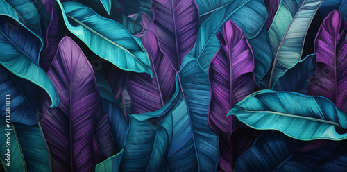 lush tropical tropical leaves pattern with colorful banana leaves  in the style of dark bronze and light azure  hyperrealistic compositions  dark gray and purple  shaped canvas