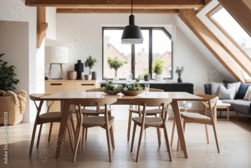 Scandinavian Interior home design of modern dining room with wooden dining table and chairs in the attic of the house
