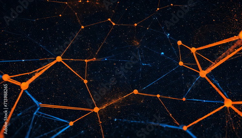 Abstract digital network, Points and lines forming glowing nodes, orange and blue, Ai mind, Big data and connection concept