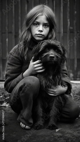 little girl sitting on wooden floor and hugging her furry dog. Stylization black and white photo 