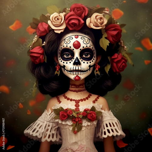 Красивая девушка с макияжем на день мертвых в Мексике. Девушка в платье и с большими розами красного и белого цвета на волосах 