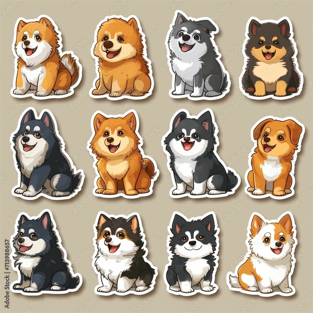 a set of stickers of cute dogs vector illustration flat style Cartoon1 generative ai
