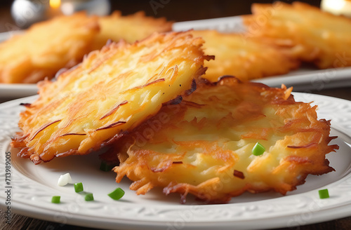 Close up view of potato pancakes. Potatoes pancakes latkes, flapjacks, hash brown or potato vada photo