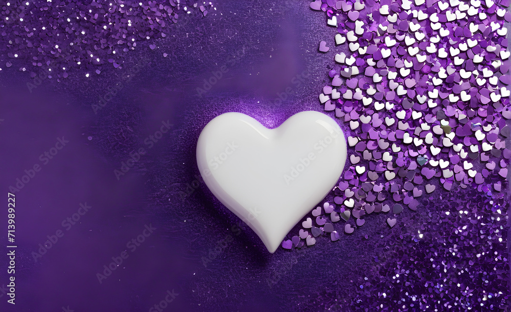 Fototapeta premium A small white heart on a sparkling soft purple background. Generative AI