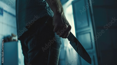 Evil Man hold knife wants to kill. Scary serial killer with blade. True crime concept. Dangerous male maniac attack at dark home room. Angry annoyed guy solve conflict. Horror scene Furious aggression