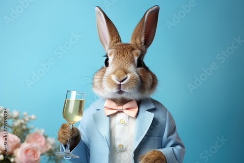Easter bunny with glass of champagne on blue background, closeup