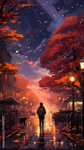 girl walking in Beautiful Nature Autumn cityscape, cartoon style. ai generated
