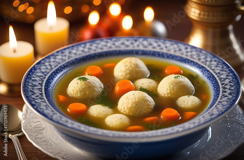 Hot Homemade Matzo Ball Soup in a Bowl Jewish Passover photo