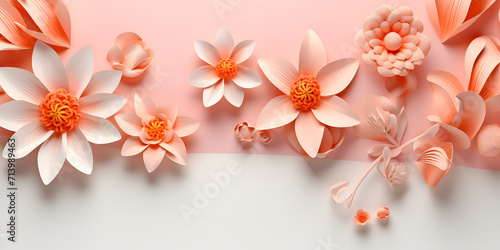 There is a close up of a pink and white flower arrangement ,A close up of flowers on a pink background,
